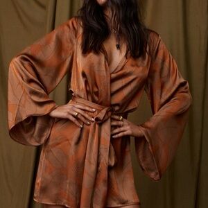 12th Tribe Brown Mini Dress with Cinched Waist and V-Neckline